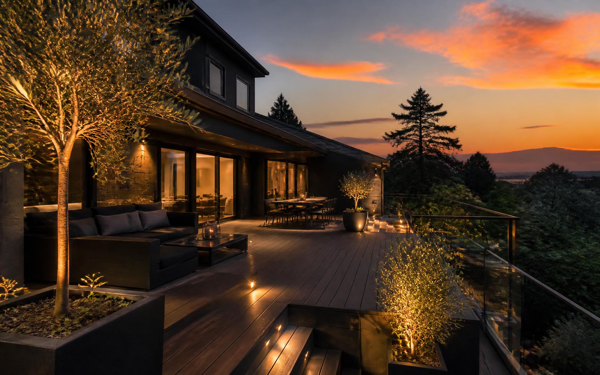 Modern residential deck with warm architectural lighting at sunset in Massachusetts