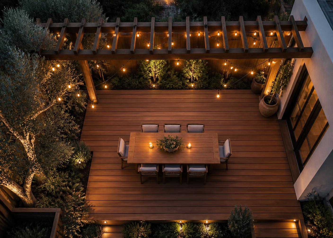 Aerial view of a custom wooden deck with pergola and dining area at twilight